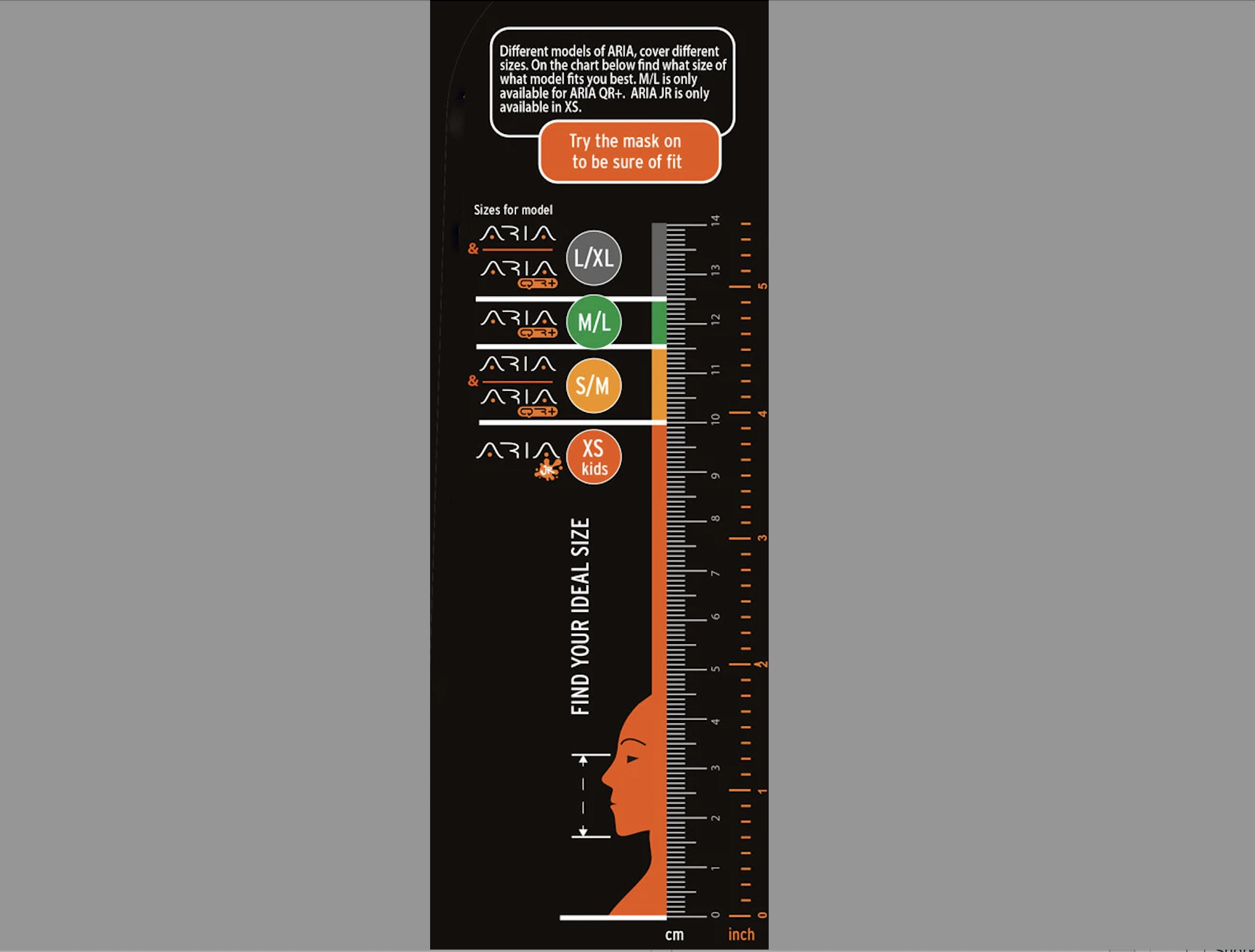 Size chart for ARIA full face snorkel masks showing XS to L/XL sizing for proper fit; prescription lenses available at See the Sea RX.