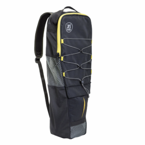 Black XS Scuba Snorkeling Backpack with mesh body, drawstring top, front zip pocket, and adjustable straps. Features a dedicated pocket to protect your prescription dive mask.