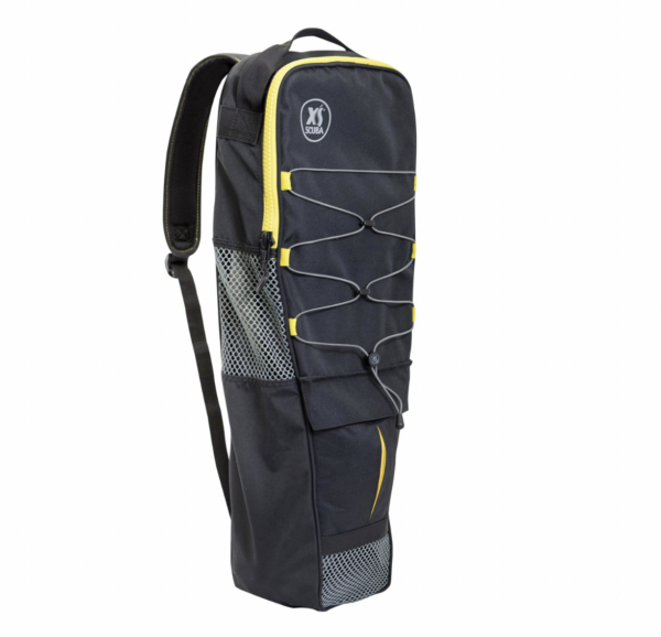 Black XS Scuba Snorkeling Backpack with mesh body, drawstring top, front zip pocket, and adjustable straps. Features a dedicated pocket to protect your prescription dive mask.