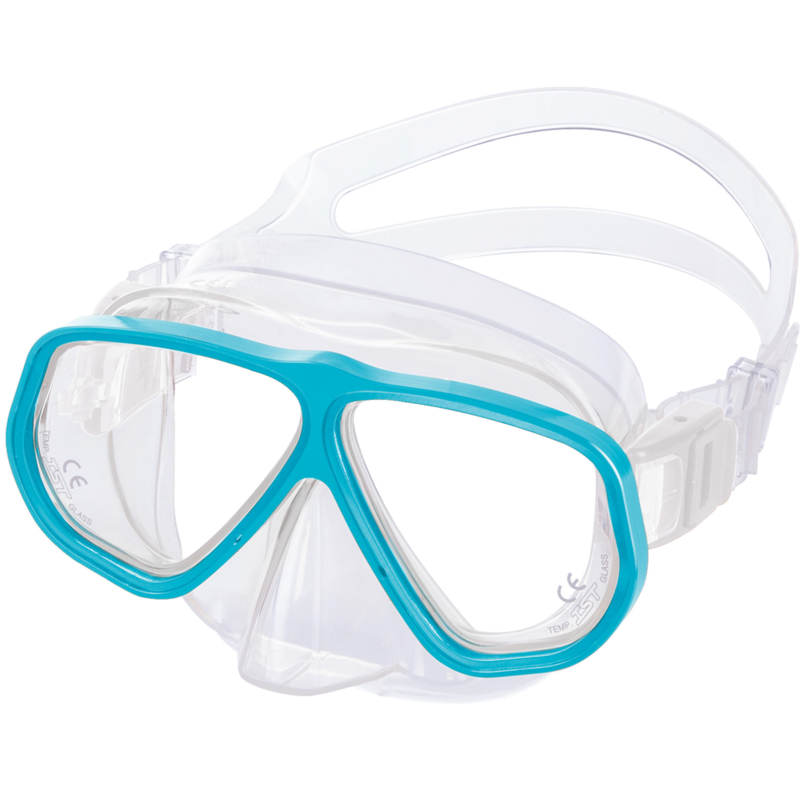 Front view of IST M100 dive mask with pink aluminum frame and clear silicone skirt, compatible with prescription lenses