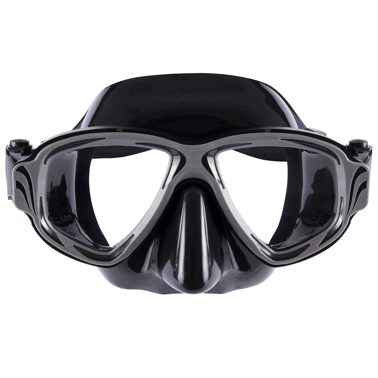 Front view of IST M200 dive mask with grey aluminum frame and black silicone skirt, compatible with prescription lenses