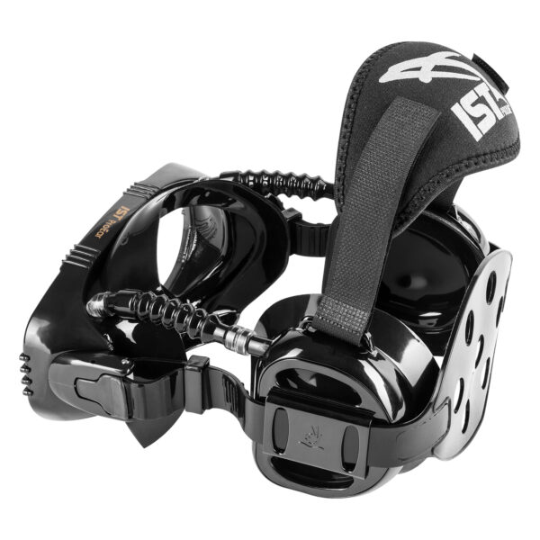 Side view of IST ME55 dive mask showing integrated ear cups and soft silicone skirt, compatible with custom prescription lenses