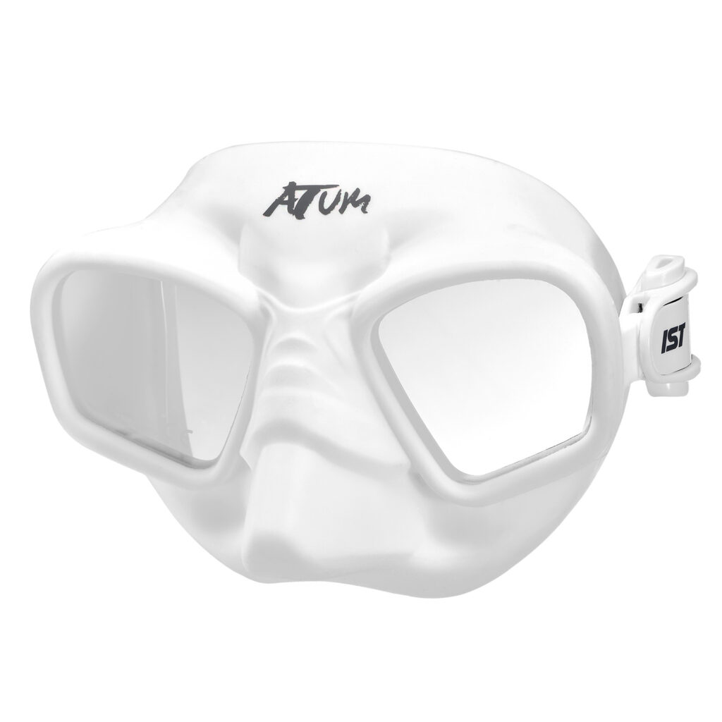 Front view of white IST MP208 low-volume dive mask, compatible with prescription lenses