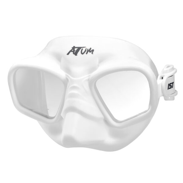 Front view of white IST MP208 low-volume dive mask, compatible with prescription lenses