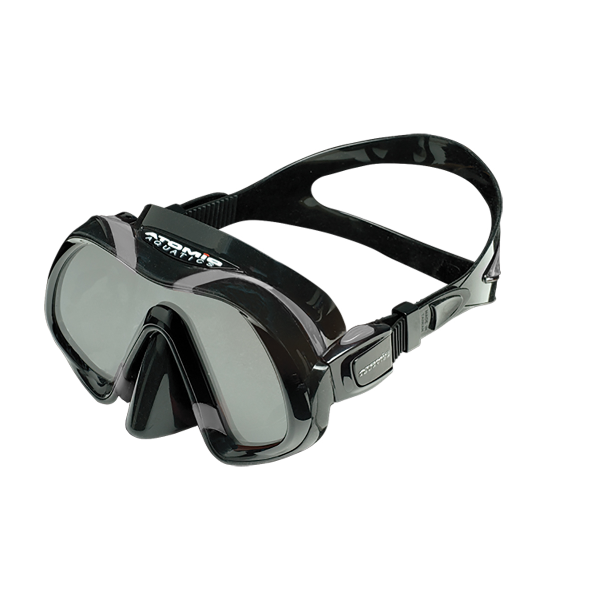 Front view of the Atomic Venom Dive Mask, showcasing its single-lens design, UltraClear glass, and silicone skirt pictured with black skirt and grey frame.