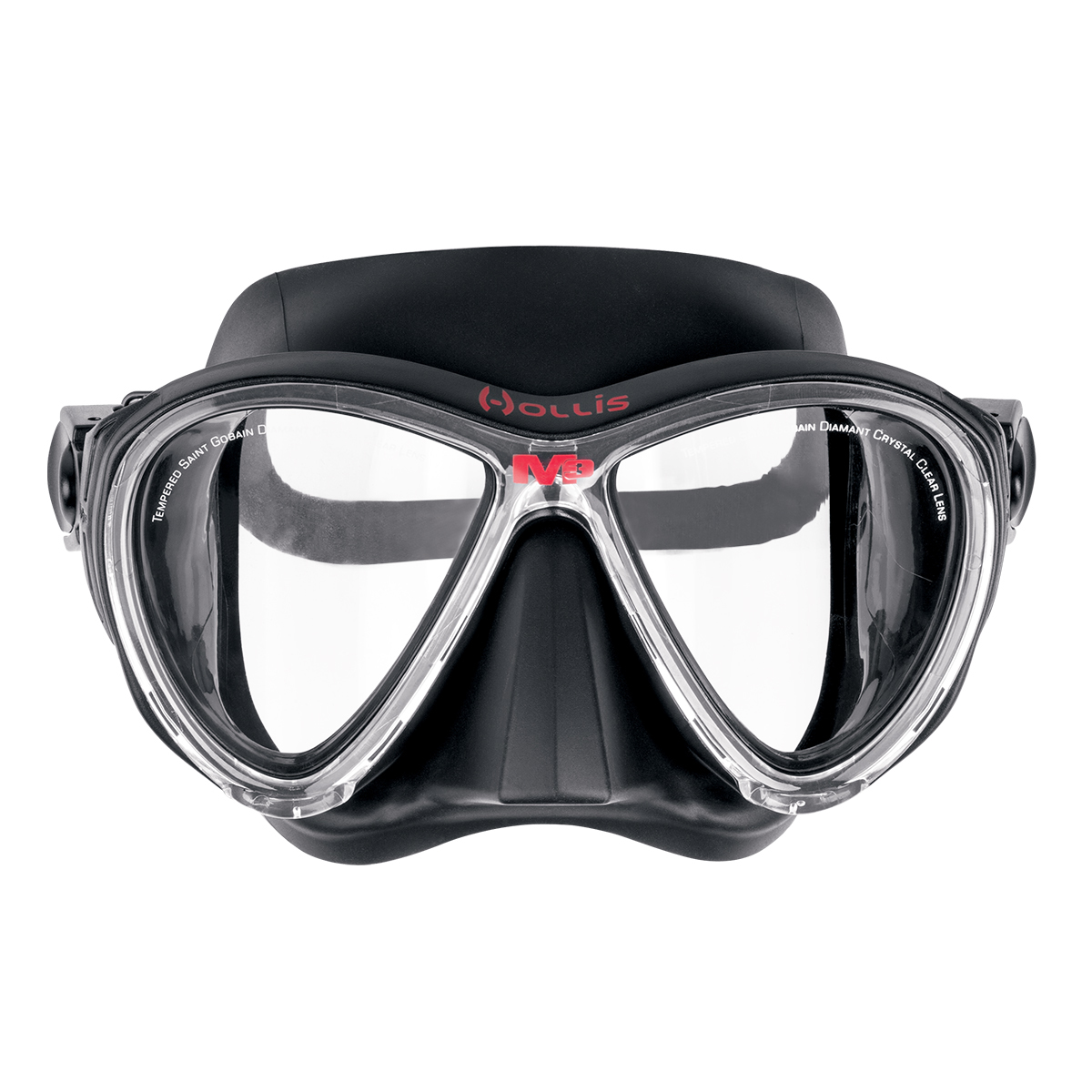 Front view of the Hollis M3 Dive Mask with a clear frame, showcasing its dual-lens framed design and ultra-clear optics.