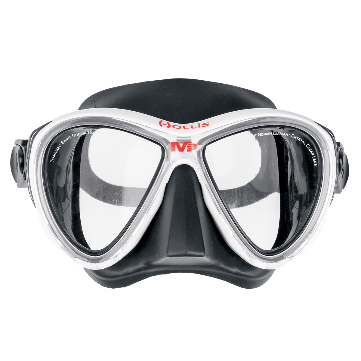 Hollis M3 Dive Mask – White Frame for a Sleek, Low-Profile Fit Front view of the Hollis M3 Dive Mask with a white frame, highlighting its dual-lens design and comfortable fit.