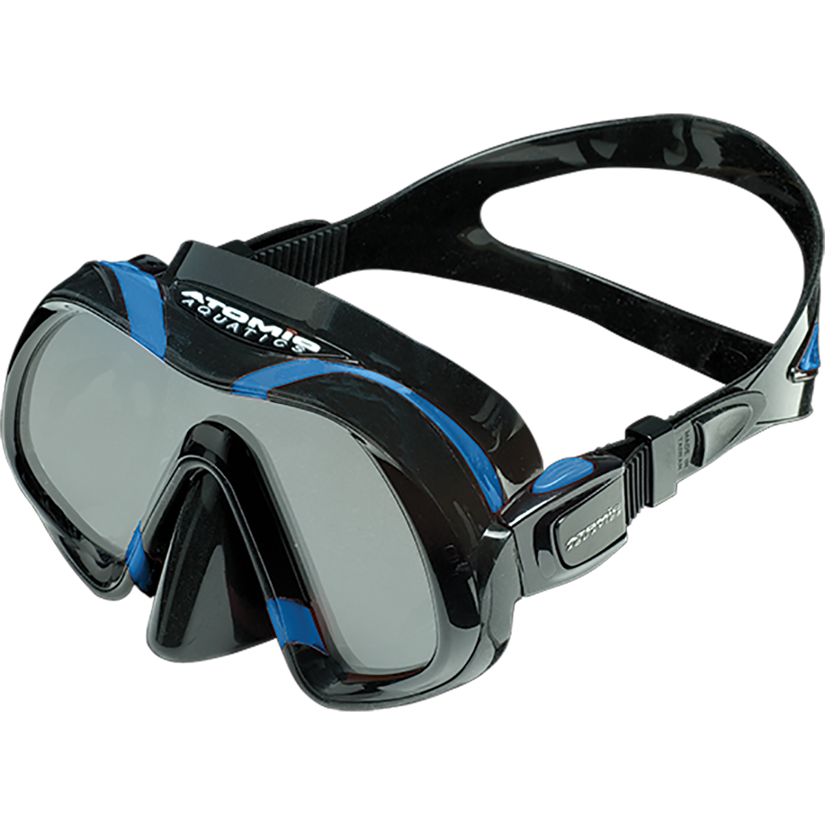 Front view of the BlueAtomic Venom Dive Mask, showcasing its single-lens design, UltraClear glass, and silicone skirt.