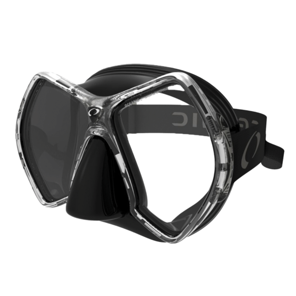 Side front angle of the Oceanic Cyanea Dive Mask in black-titanium, showcasing its twin-lens design, soft silicone skirt, and ski-goggle-style strap.