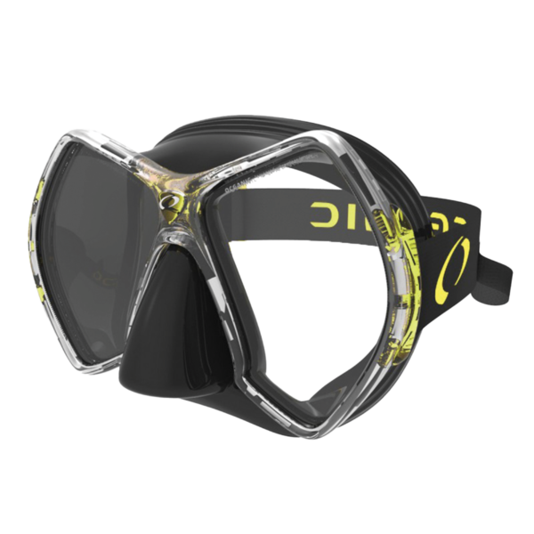 Side front angle of the Oceanic Cyanea Dive Mask in black and yellow, showcasing its twin-lens design, soft silicone skirt, and ski-goggle-style strap.