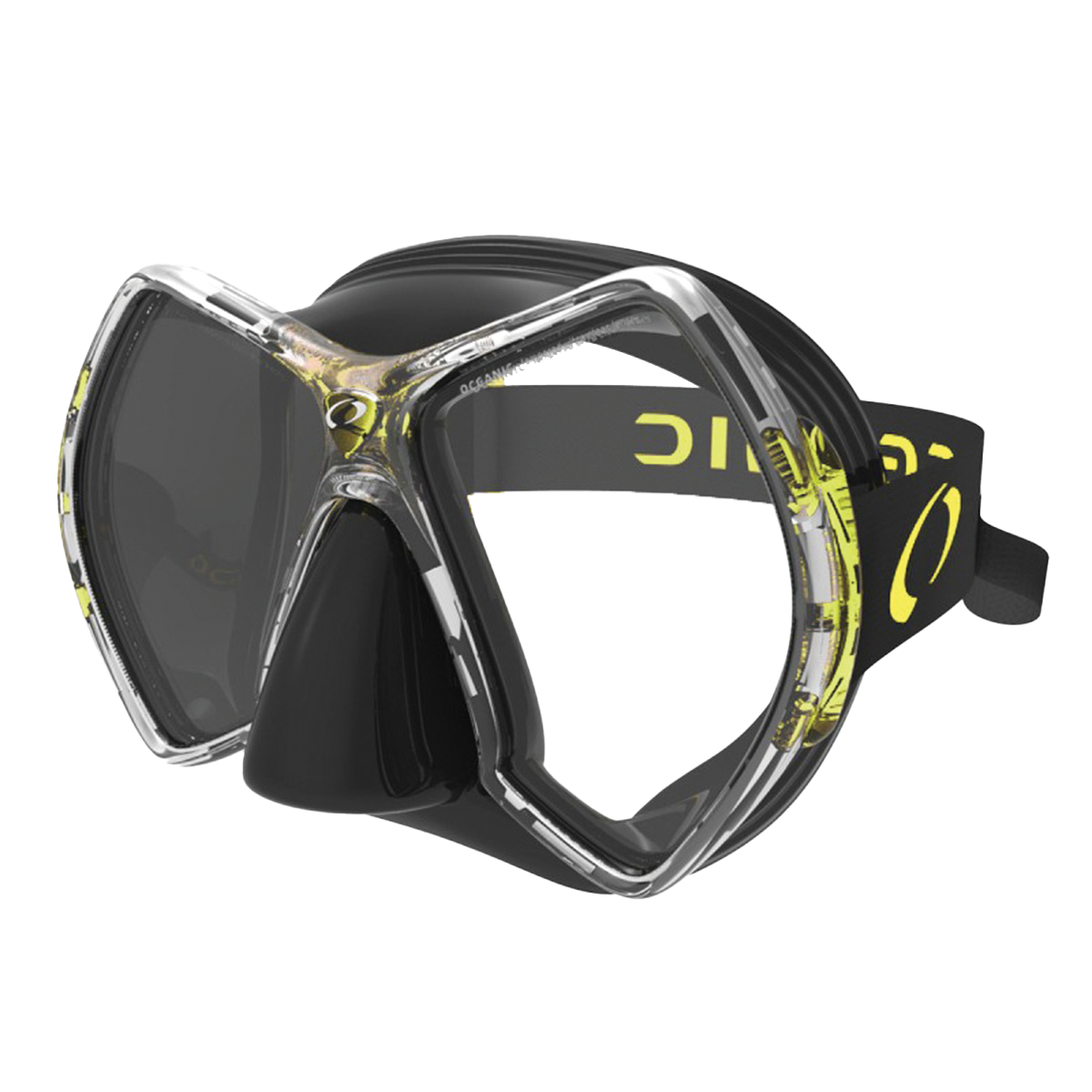 Side front angle of the Oceanic Cyanea Dive Mask in black and yellow, showcasing its twin-lens design, soft silicone skirt, and ski-goggle-style strap.