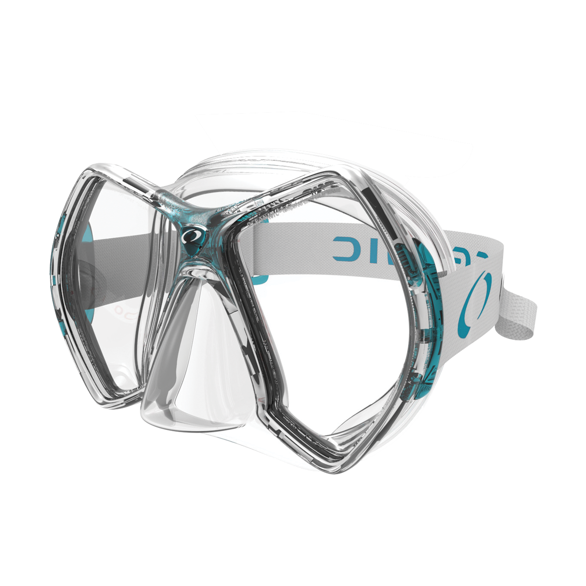 Side front angle of the Oceanic Cyanea Dive Mask in clear/aqua, showcasing its twin-lens design, soft silicone skirt, and ski-goggle-style strap.