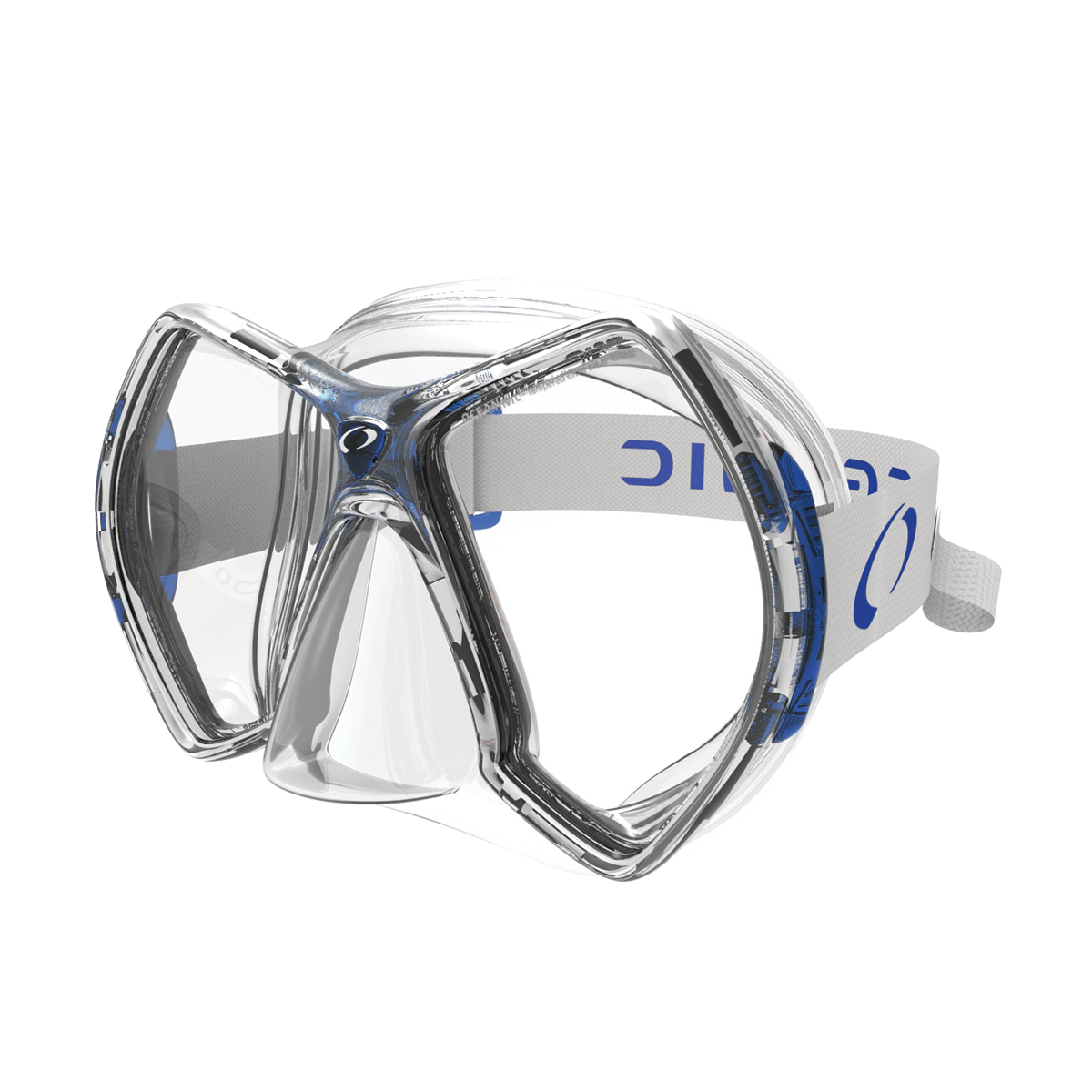 Side front angle of the Oceanic Cyanea Dive Mask in clear-blue, showcasing its twin-lens design, soft silicone skirt, and ski-goggle-style strap.