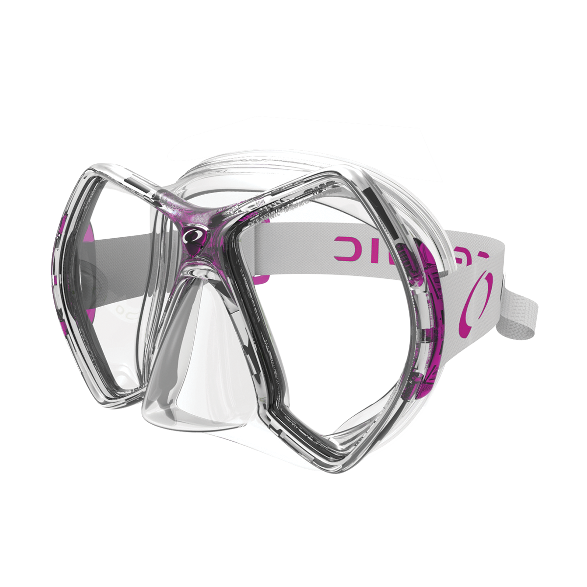 Side front angle of the Oceanic Cyanea Dive Mask in clear-pink, showcasing its twin-lens design, soft silicone skirt, and ski-goggle-style strap.