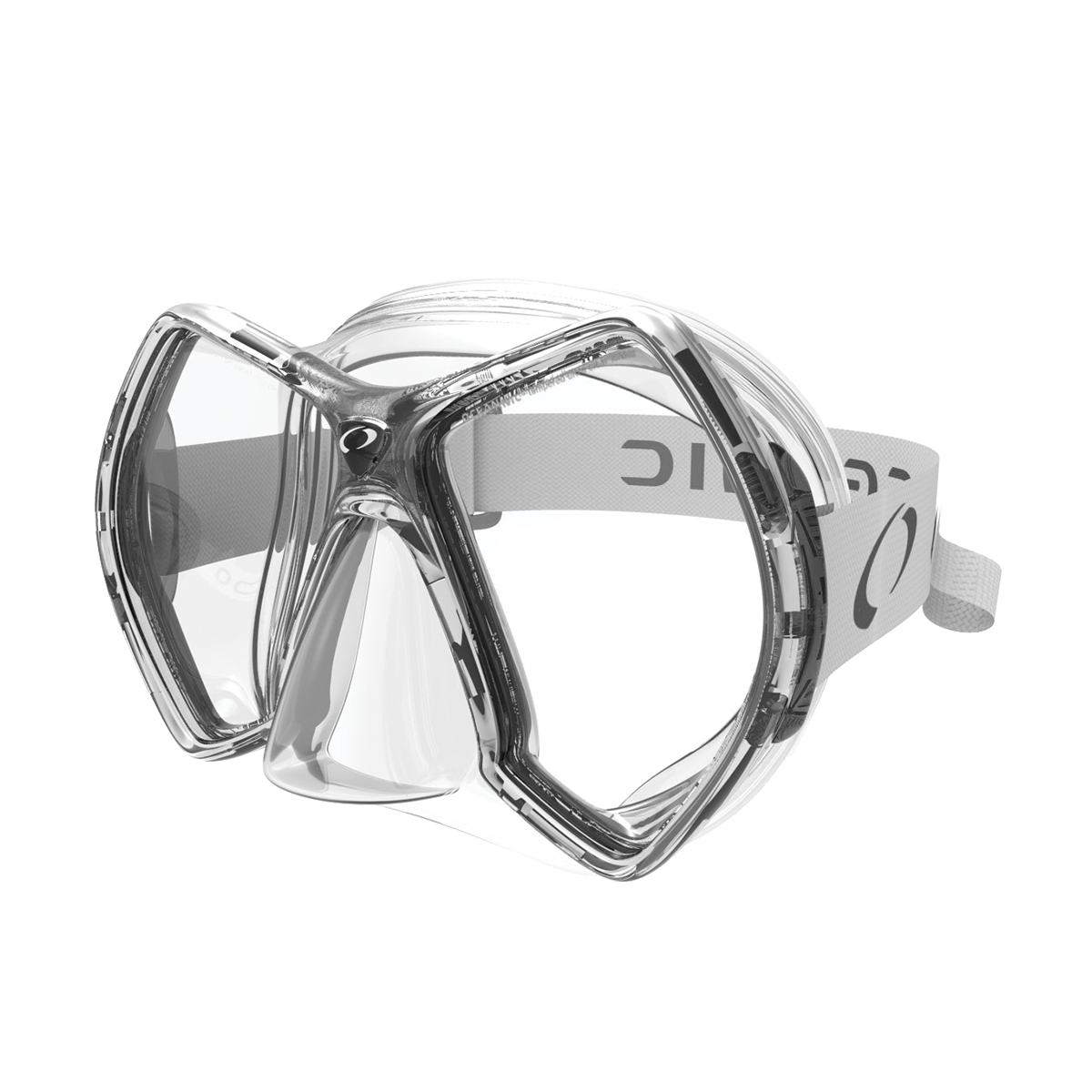 Side front angle of the Oceanic Cyanea Dive Mask in clear-titanium, showcasing its twin-lens design, soft silicone skirt, and ski-goggle-style strap.