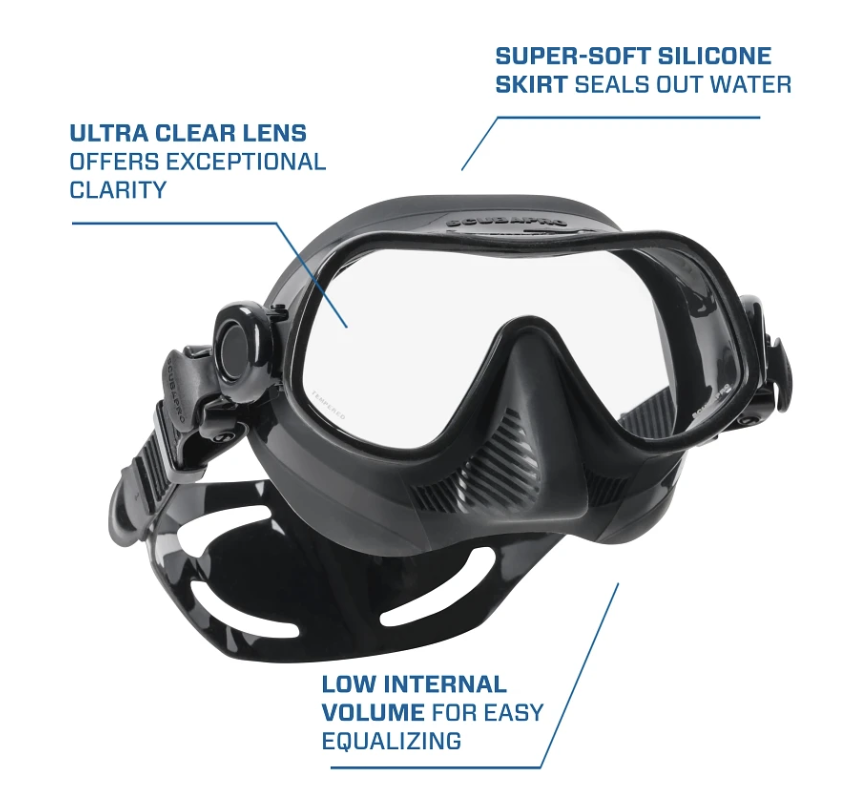 Front view of the Scubapro Steel Pro Dive Mask, showcasing its frameless single-lens design and ultra-soft silicone skirt and detailing the key featurs of the mask.