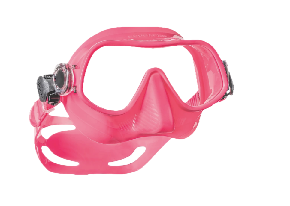 Front view of the Pink Skirt Scubapro Steel Pro Dive Mask, showcasing its frameless single-lens design and ultra-soft silicone skirt.