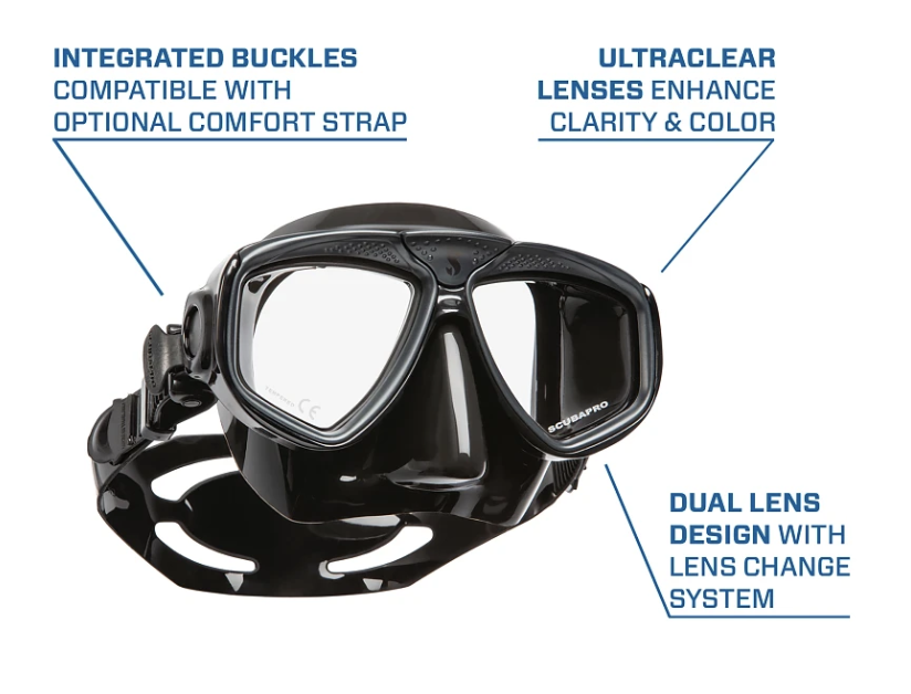 ront view of the Scubapro Zoom Dive Mask, a twin-lens diving mask designed for prescription lens compatibility and a comfortable fit. This image shows the features of the mask