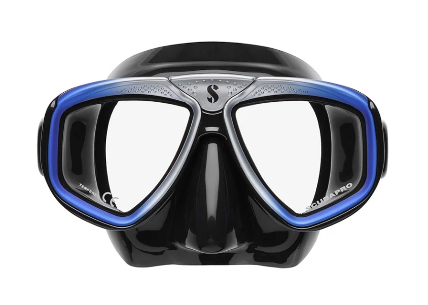 Front view of the Scubapro Zoom Dive Mask, a twin-lens diving mask designed for prescription lens compatibility and a comfortable fit pictured in black skirt and blue frame.