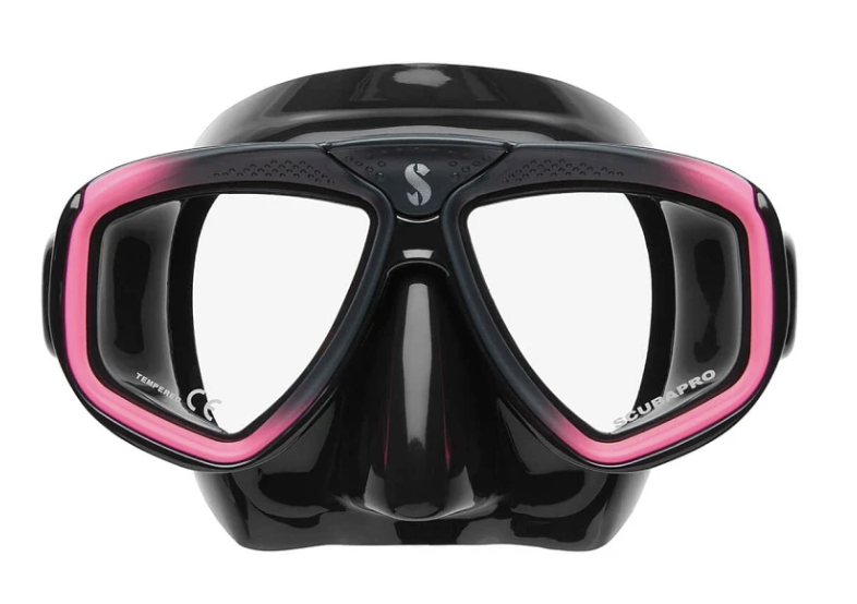 Front view of the Scubapro Zoom Dive Mask, a twin-lens diving mask designed for prescription lens compatibility and a comfortable fit pictured in black skirt and pink frame.