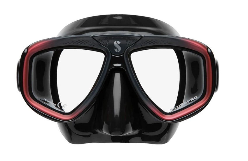 ront view of the Scubapro Zoom Dive Mask, a twin-lens diving mask designed for prescription lens compatibility and a comfortable fit pictured in black skirt and red frame.
