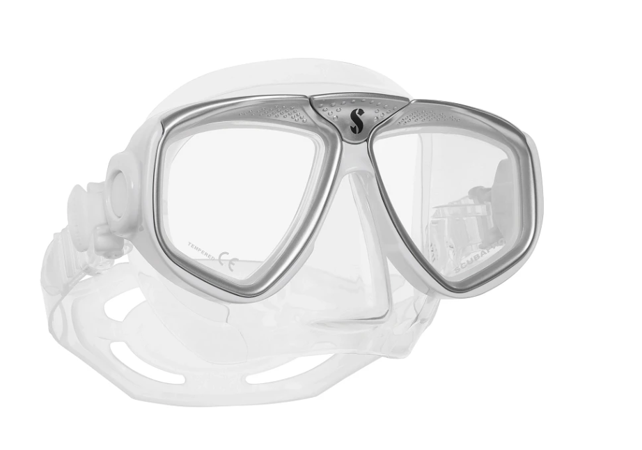 Front view of the Scubapro Zoom Dive Mask, a twin-lens diving mask designed for prescription lens compatibility and a comfortable fit pictured in clear skirt and silver frame.