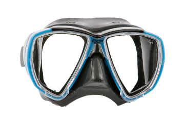 A Cressi dive mask with a black silicone skirt and blue-rimmed dual lenses, designed for superior underwater visibility and compatibility with prescription lenses.