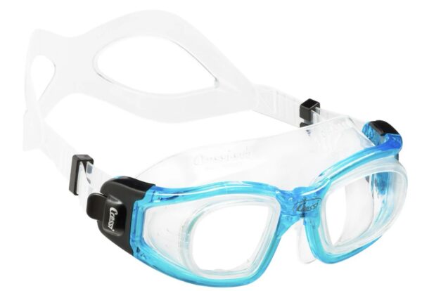 Aqua-colored Cressi Galileo Swim Goggles with wide-view glass lenses and Rx option