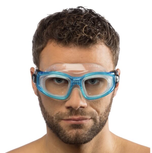 Male swimmer wearing Cressi Galileo Swim Goggles for a comfortable face-sealing fit.
