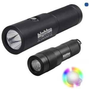 Image of Bigblue AL1800NP-II primary dive light, AL450NT-II backup light, and Rainbow EZ Clip marker light, displayed together on a white background.