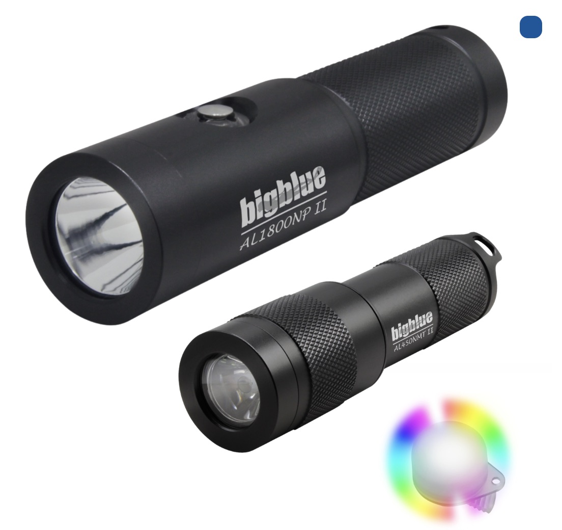 Image of Bigblue AL1800NP-II primary dive light, AL450NT-II backup light, and Rainbow EZ Clip marker light, displayed together on a white background.