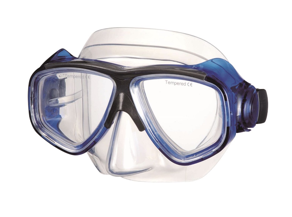 Blue frame IST M80 dive mask with clear skirt, offered with or without optical lenses from See the Sea RX