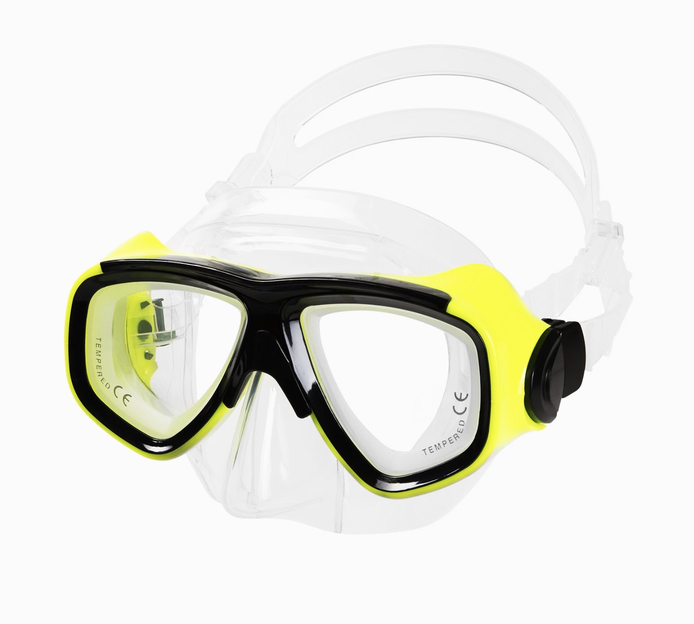 Yellow frame IST M80 dive mask with clear skirt, available with or without prescription stock lenses from See the Sea RX