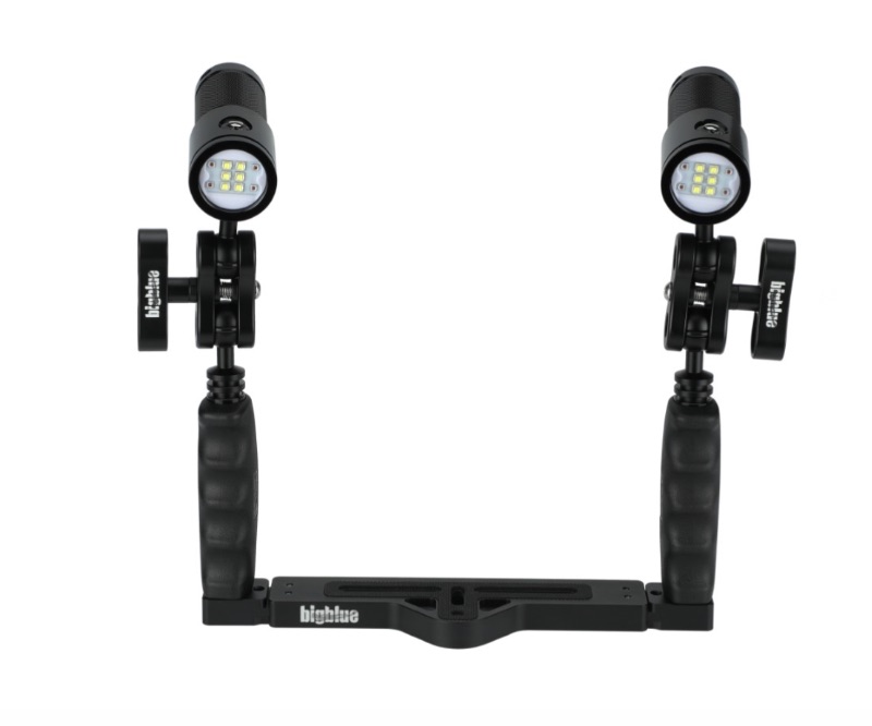 Bigblue Action Camera Tray featuring two mounted VL4600P video lights, displayed on a white background.